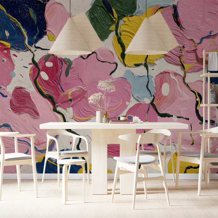 Home office space styled with a bold abstract art wall mural for a creative working environment