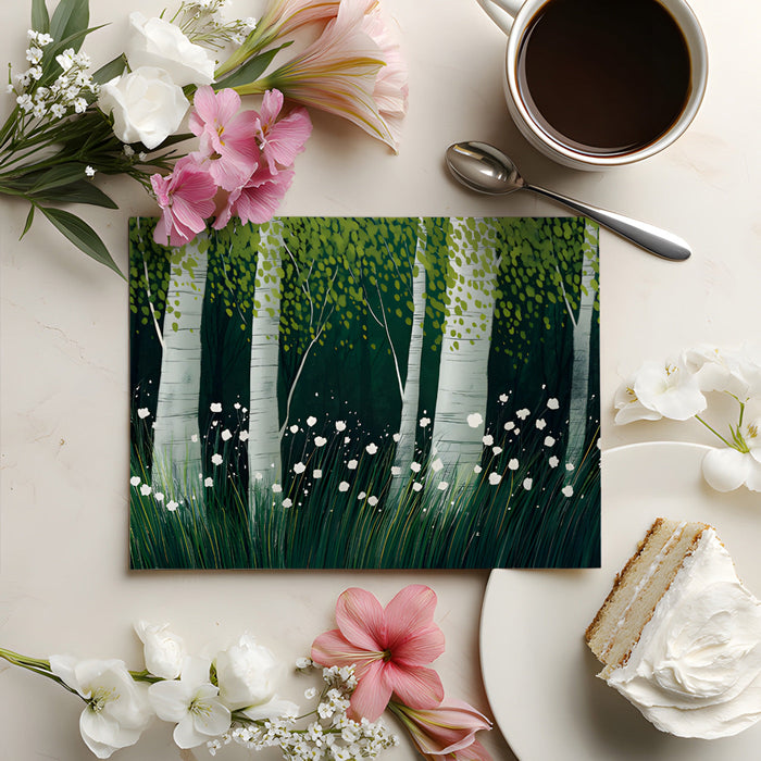 Woodland nature wallpaper featuring birch trees in a modern home office.