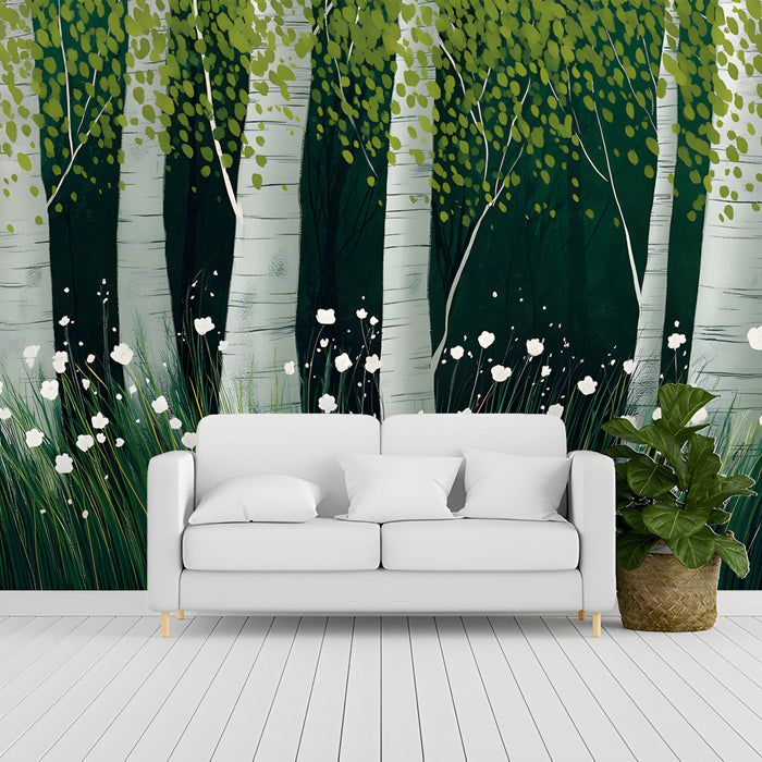 Large scale forest mural on an entryway wall behind a velvet sofa.