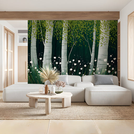 Birch forest mural installed in a cozy commercial space with wooden furniture.