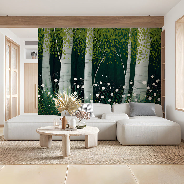Birch forest mural installed in a cozy commercial space with wooden furniture.
