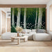 Birch forest mural installed in a cozy commercial space with wooden furniture.