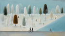 An impressionistic mural of a snow-dusted forest with charcoal trees and tiny silhouettes of people walking on a winter day.
