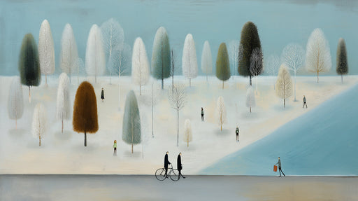 An impressionistic mural of a snow-dusted forest with charcoal trees and tiny silhouettes of people walking on a winter day.