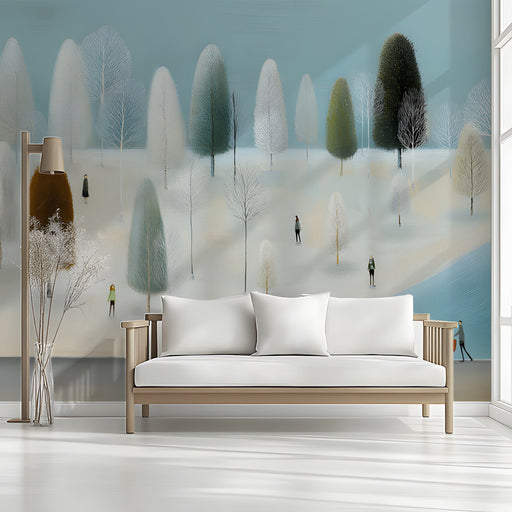 A long entryway decorated with a painterly winter forest mural to create a calm and inviting atmosphere for guests.