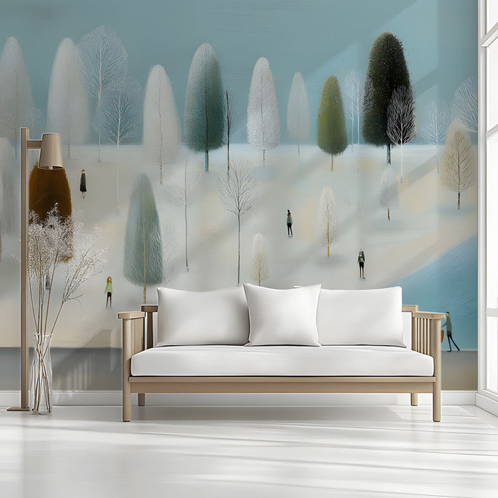 A long entryway decorated with a painterly winter forest mural to create a calm and inviting atmosphere for guests.
