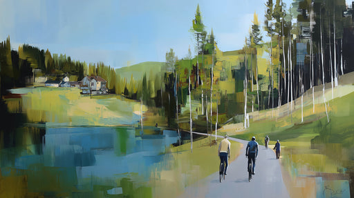 Impressionistic landscape wallpaper with cyclists, green hills, and abstract trees