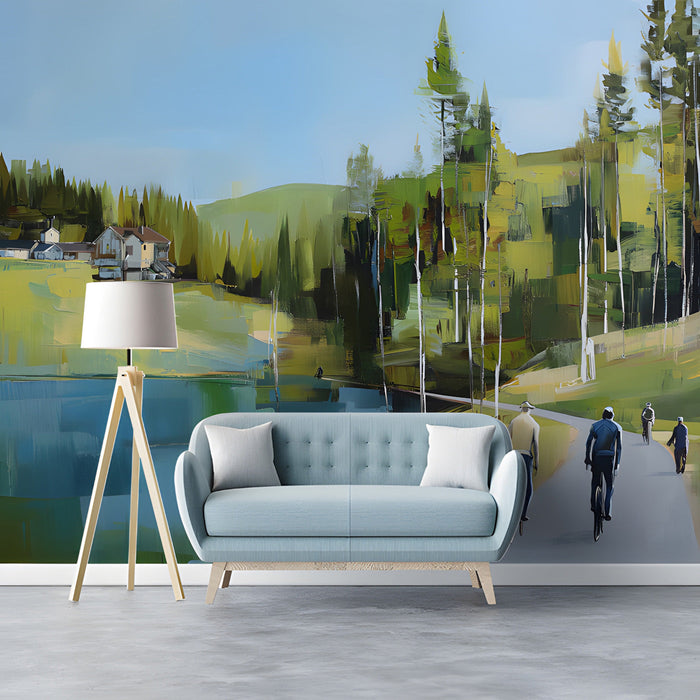 Artistic forest path wallpaper featured in a spacious entryway