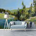 Artistic forest path wallpaper featured in a spacious entryway