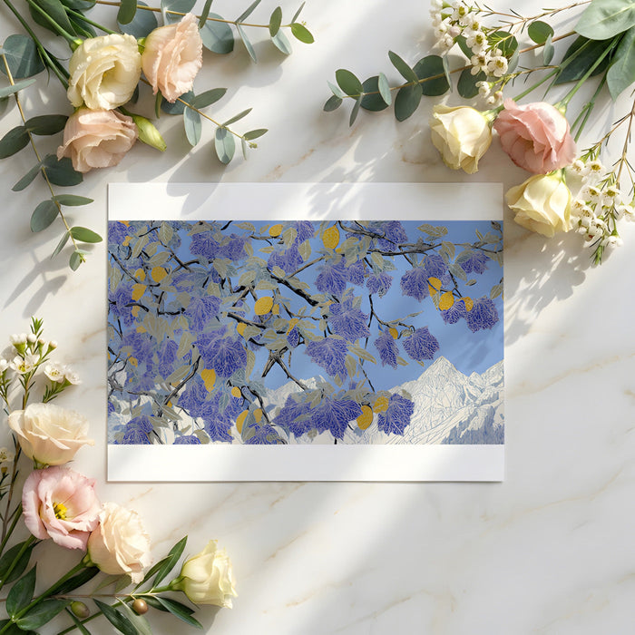 Mediterranean style wallpaper featuring blue foliage in a bright and airy home kitchen
