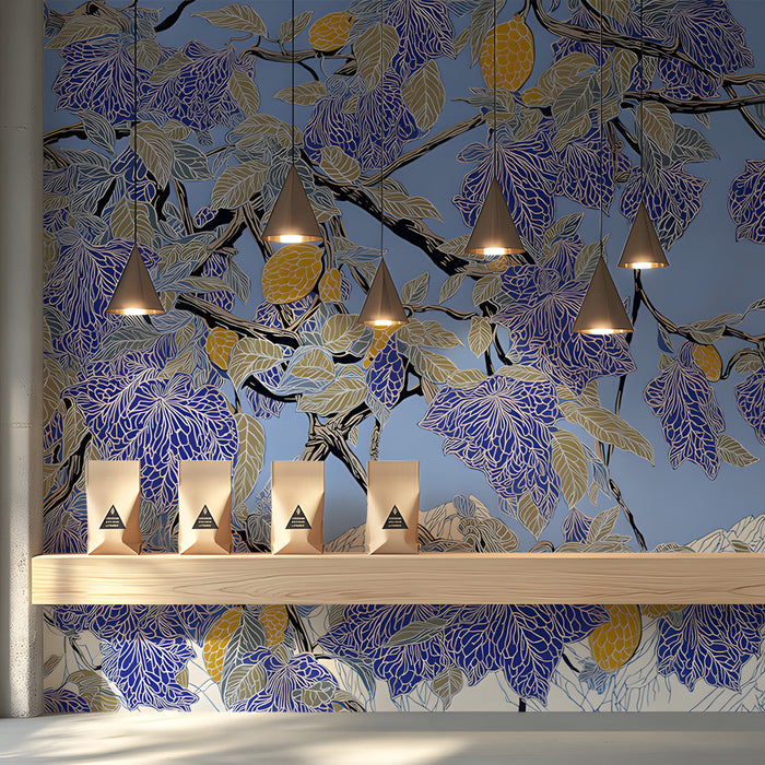 Artistic fruit themed wall mural used as a scenic feature wall in a shop
