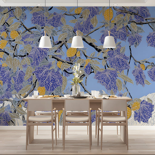 Citrus orchard mural installed in a sun-drenched modern dining room with oak furniture