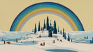 Winter village scene with snow, midnight blue trees, and a large rainbow arch on pale ochre background