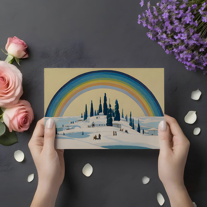 Winter village wallpaper scene featured on a large bedroom wall behind a minimalist bed frame