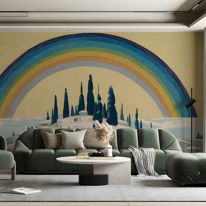 Folk art style rainbow landscape mural applied to a quiet commercial space with comfortable seating