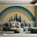 Folk art style rainbow landscape mural applied to a quiet commercial space with comfortable seating