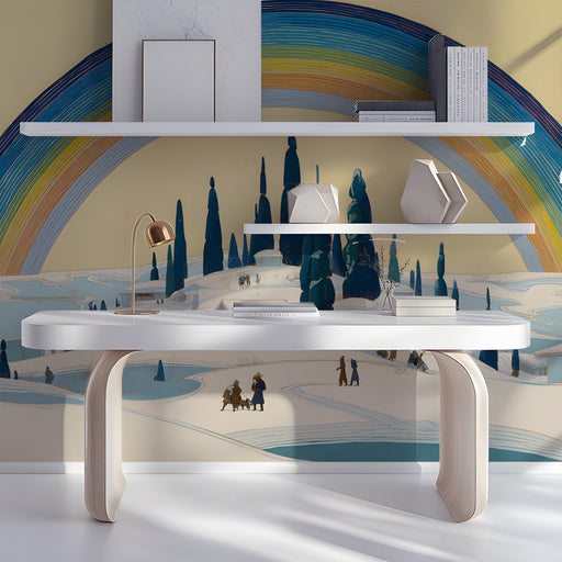 Whimsical winter landscape mural installed in a cozy  study with light wood furniture
