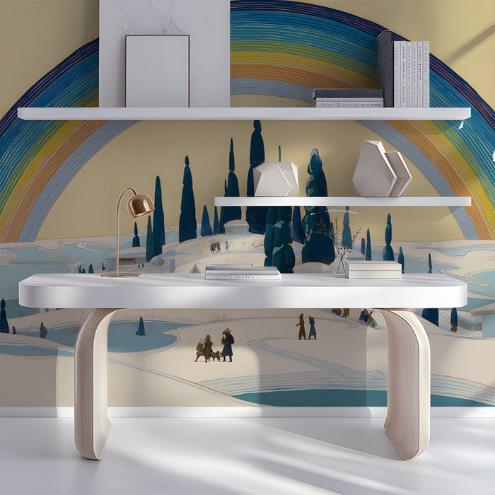 Whimsical winter landscape mural installed in a cozy  study with light wood furniture