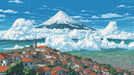Anime style landscape wallpaper with a snow-capped mountain overlooking a terracotta-roofed village in the clouds