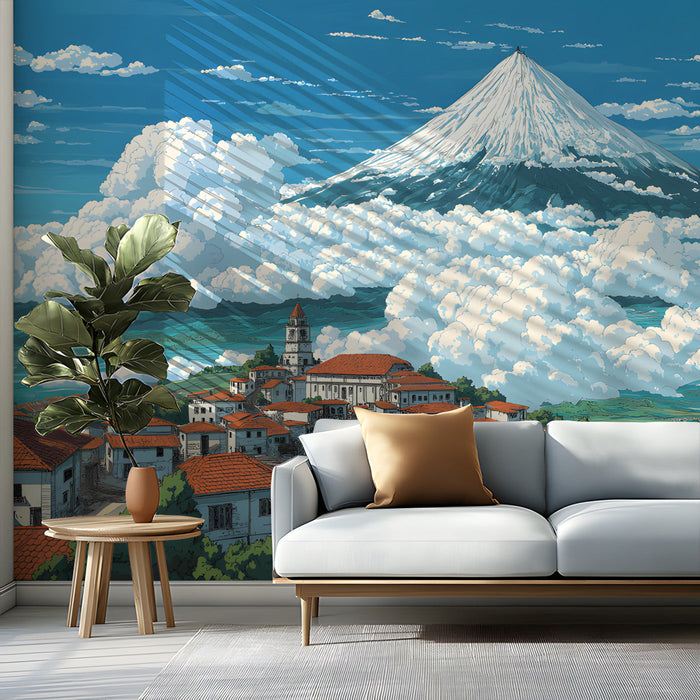 Living room featuring a scenic mountain landscape wallpaper that opens up the space