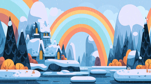A whimsical illustration of a snowy mountain landscape featuring a stone cabin, tall evergreen trees, and a vibrant rainbow.
