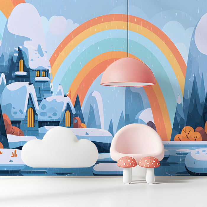 A creative playroom space featuring a vibrant, stylized mountain mural that adds color and imagination.