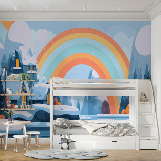 A child’s bedroom featuring a winter wonderland wall mural with snowy mountains and a colorful rainbow.