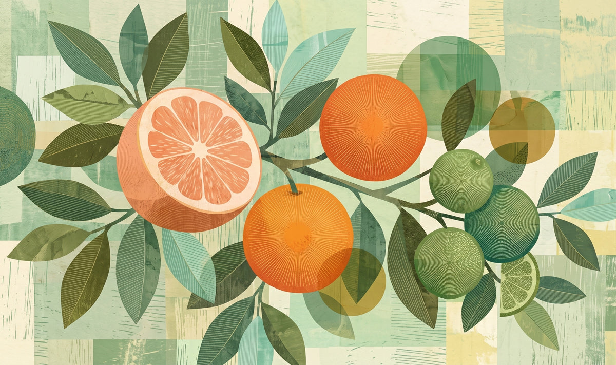 Abstract citrus branch mural with halved oranges, whole clementines, and limes on a geometric mint and sage background.