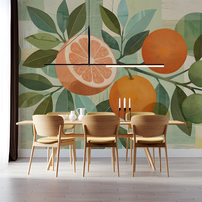 A modern creative dining room space accented with a fresh citrus botanical mural and minimalist furniture.
