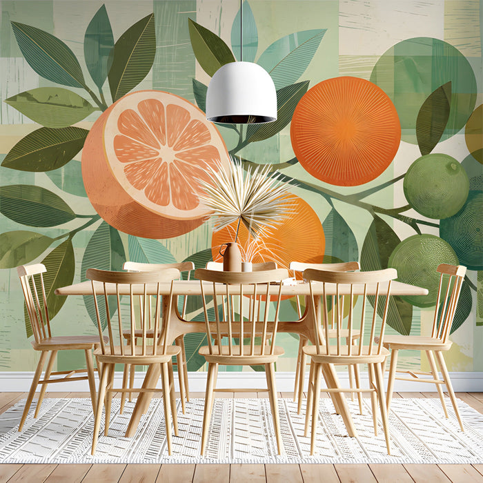 A sunny kitchen dining nook featuring a vibrant citrus fruit wall mural above a white wooden table.