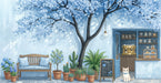 Illustrated cafe scene with blue blossom tree, potted plants, a wooden bench, and a small cat by a door.