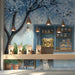 Cozy coffee shop wall mural featuring a cute cat illustration in a living room.