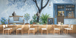 Whimsical cafe wallpaper installed in a bright breakfast nook with wooden furniture.