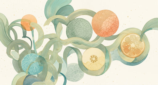 Abstract wallpaper pattern with sage green ribbons and orange citrus fruit motifs on cream