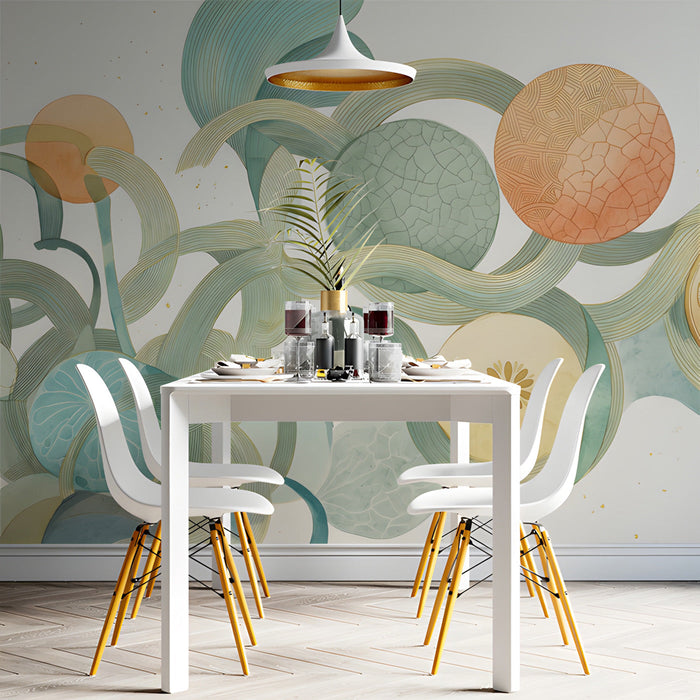 Sunny dining room decorated with an abstract green and orange fruit mural