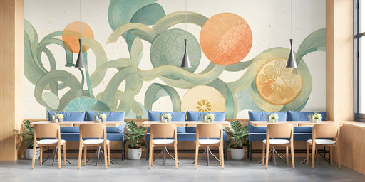 Modern restaurant wall with abstract botanical citrus wallpaper