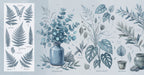A botanical wall mural featuring blue-toned ferns, monstera leaves, and eucalyptus sketches on a light blue background.