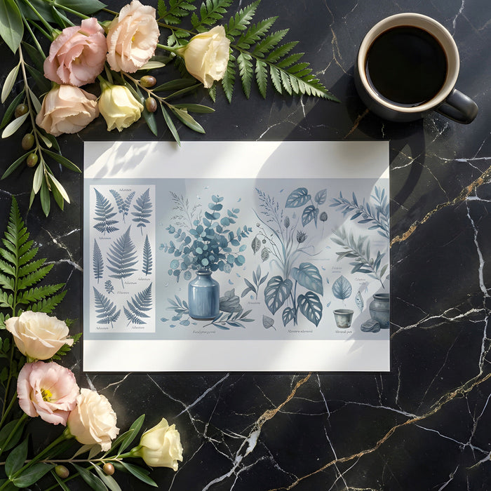 A cozy bedroom with a blue botanical mural, soft white bedding, and light wood furniture.