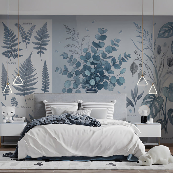 A serene bedroom decorated with a blue monochromatic botanical sketch wallpaper.
