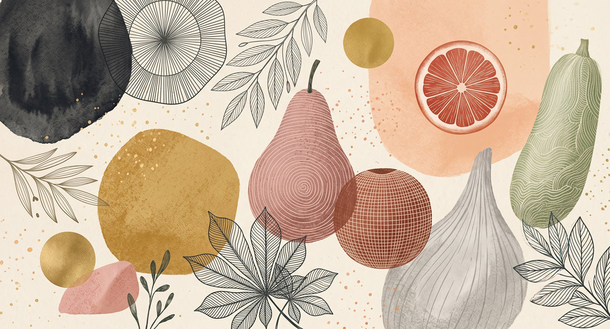 Abstract botanical fruit pattern with watercolor shapes and line art illustrations of pears, citrus, and foliage.