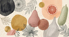 Abstract botanical fruit pattern with watercolor shapes and line art illustrations of pears, citrus, and foliage.