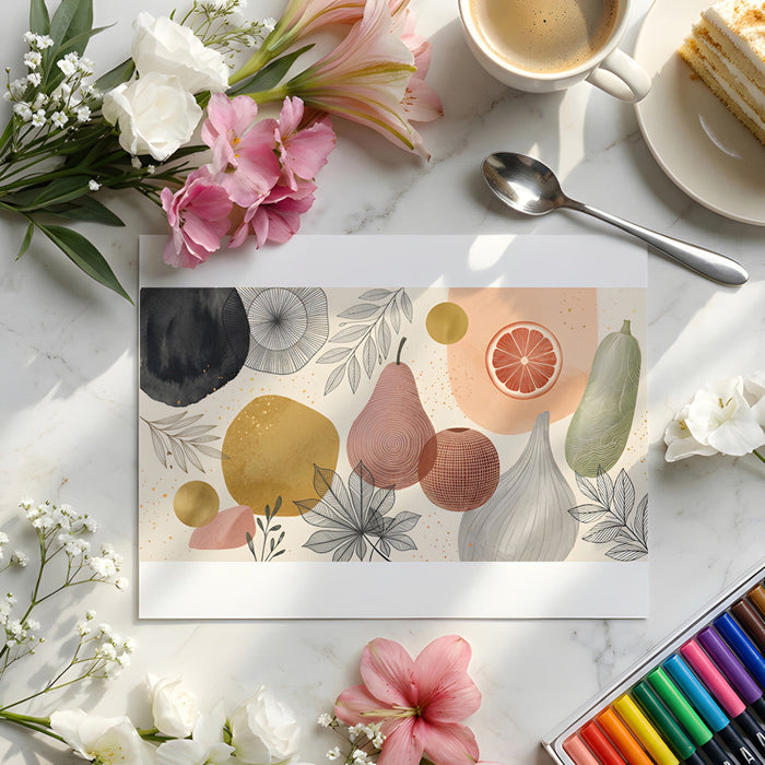 Sunlit dining room with a stylish fruit motif mural and warm wooden furniture.