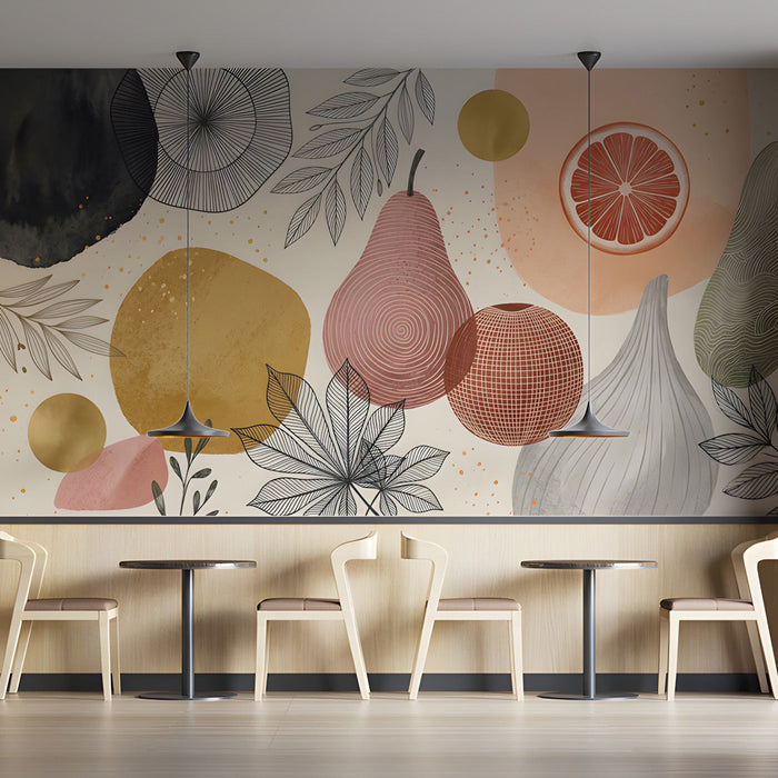 Contemporary cafe corner featuring whimsical fruit-themed wallpaper art.