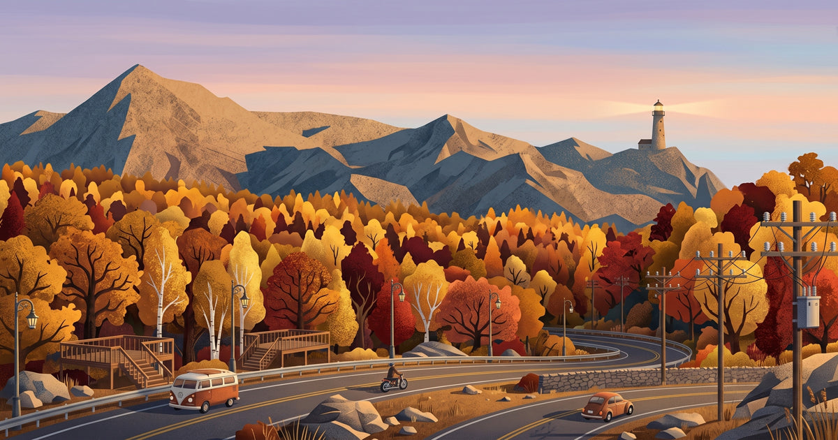 A scenic autumn landscape mural featuring a winding road, golden orange trees, gray mountain peaks, and a lit lighthouse.