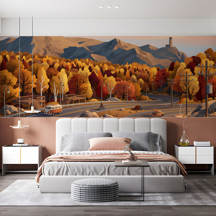 A spacious bedroom featuring a scenic autumn mountain road mural behind a walnut desk.