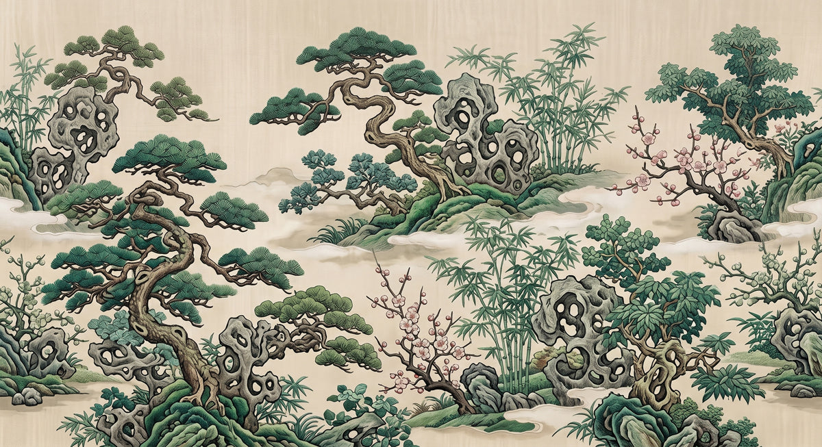 A Chinoiserie wallpaper pattern featuring green pine trees, bamboo stalks, and pink blossoms on an aged parchment background.