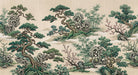 A Chinoiserie wallpaper pattern featuring green pine trees, bamboo stalks, and pink blossoms on an aged parchment background.