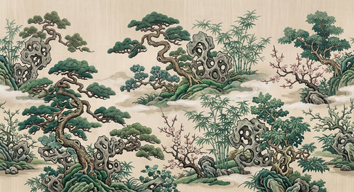A Chinoiserie wallpaper pattern featuring green pine trees, bamboo stalks, and pink blossoms on an aged parchment background.