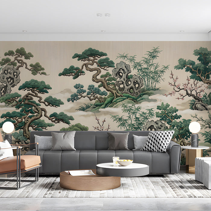 A sophisticated living room space with traditional garden-inspired wallpaper creating a calm natural backdrop.