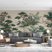 A sophisticated living room space with traditional garden-inspired wallpaper creating a calm natural backdrop.